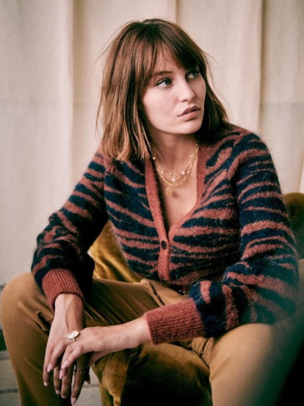 Sezane Angelina Cardigan Sweater Jumper Tiger Stripe Navy Brown Size Medium